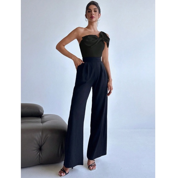 Black Large Bow One Shoulder Bodysuit Slim Fit Asymmetrical - Picture 4 of 14